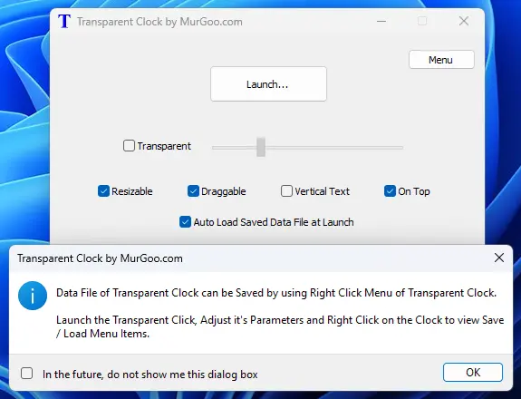 Enabling Automatic Loading of Last Saved Data File Screenshot Displaying How to Automatically Load Last Transparent Clock Data File