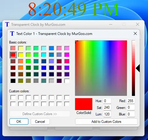 Configurable Gradient Color of Transparent Clock displayed by Transparent Clock Software for Windows Screenshot of Color Screen to Configure Gradient Color of Transparent Clock displayed by Transparent Clock Software for Windows