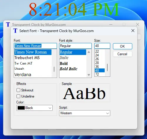 Configurable Font of Transparent Clock displayed by Transparent Clock Software for Windows Screenshot of Font Screen to Configure Font of Transparent Clock displayed by Transparent Clock Software for Windows