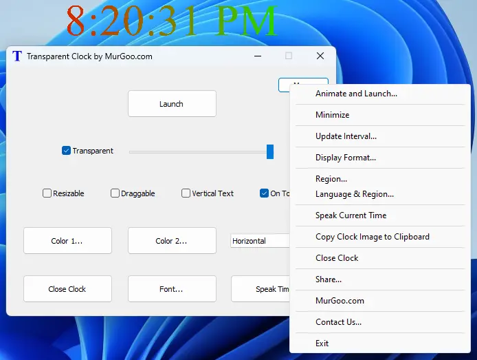 Right Click Menu of Transparent Clock Software for Windows Screenshot Displaying Right Click Menu Transparent Clock Software for Windows to use various features of the software