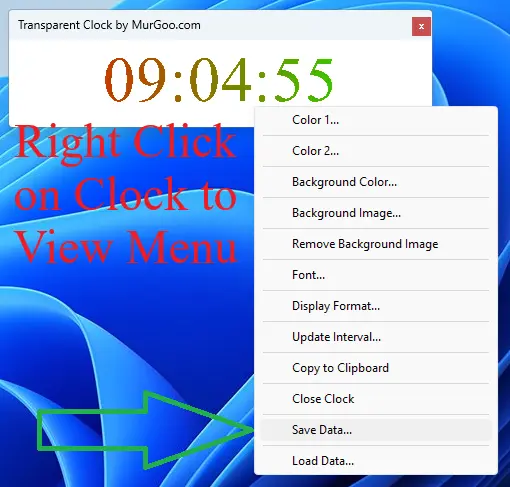 Screenshot Displaying How to view Save Menu Item by Performing Right Click on Transparent Clock